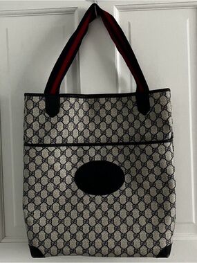 Vintage Gucci Beige and Navy Monogram Tote with Red-Striped Handles